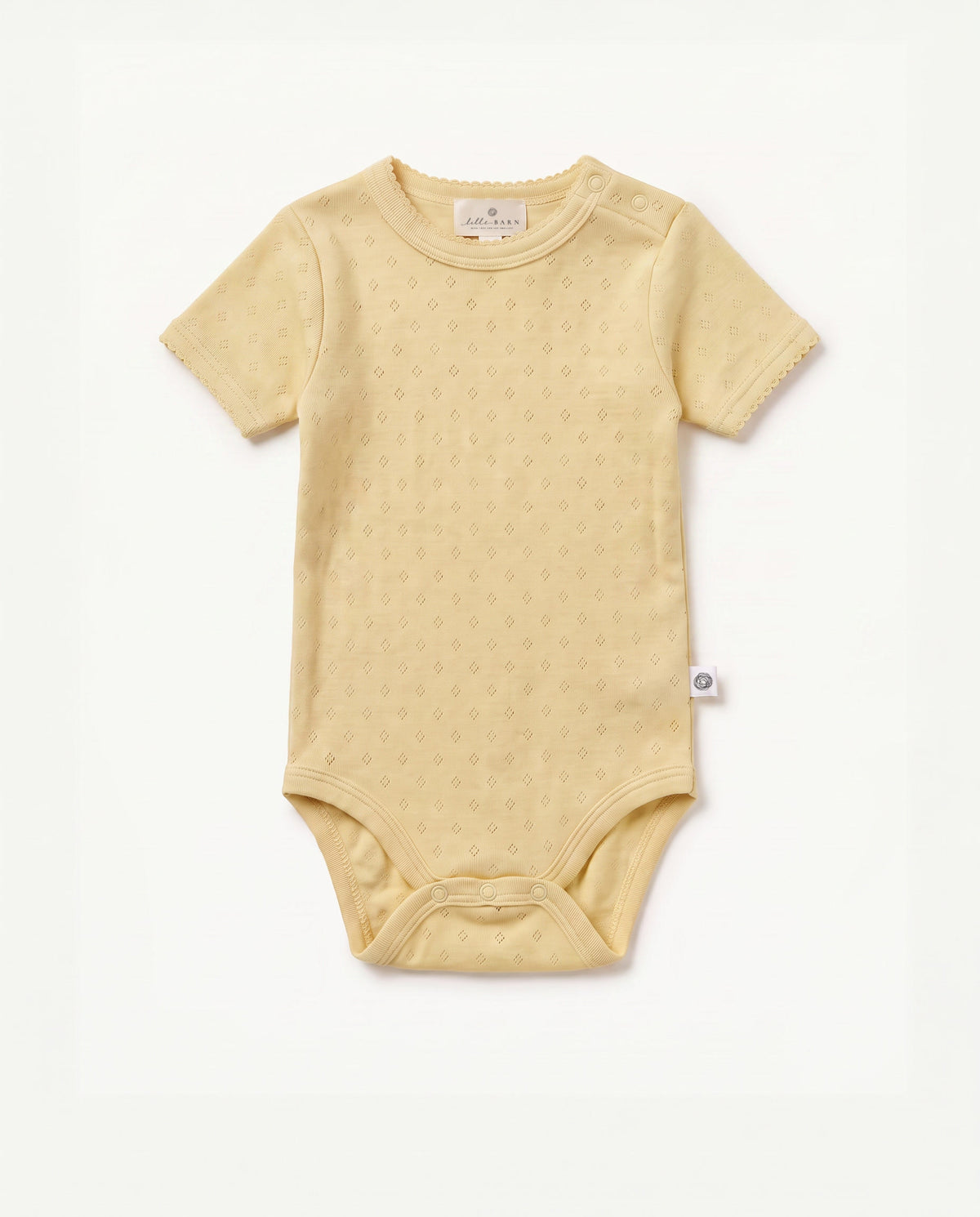 Woll-Strampler mit kurzen Ärmeln Pointelle – Merinowolle – Dusty Yellow