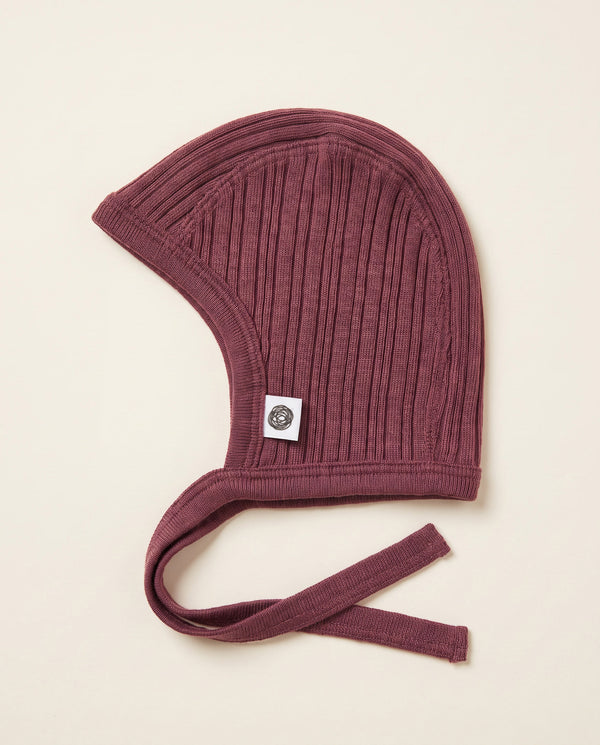 Woll-Mütze mit Schleife in Rippstrick - Merinowolle - Rose Brown
