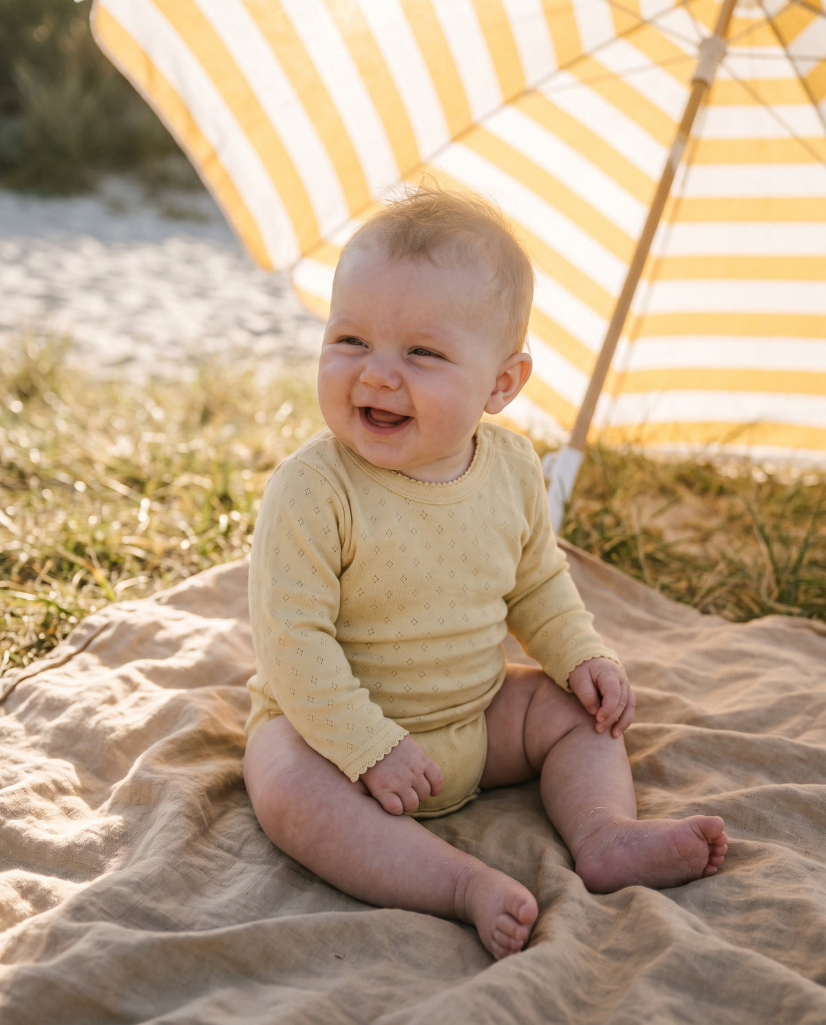 Woll-Strampler mit langen Ärmeln Pointelle – Merinowolle – Dusty Yellow