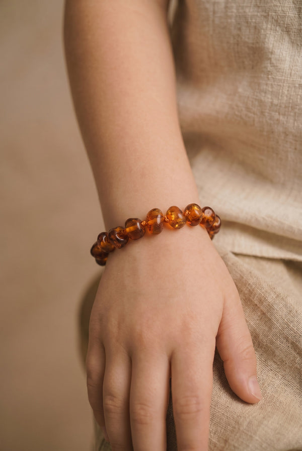 Baby/Kind – Bernstein-Armband - Runde Perlen - Poliert - 14cm - Cognac