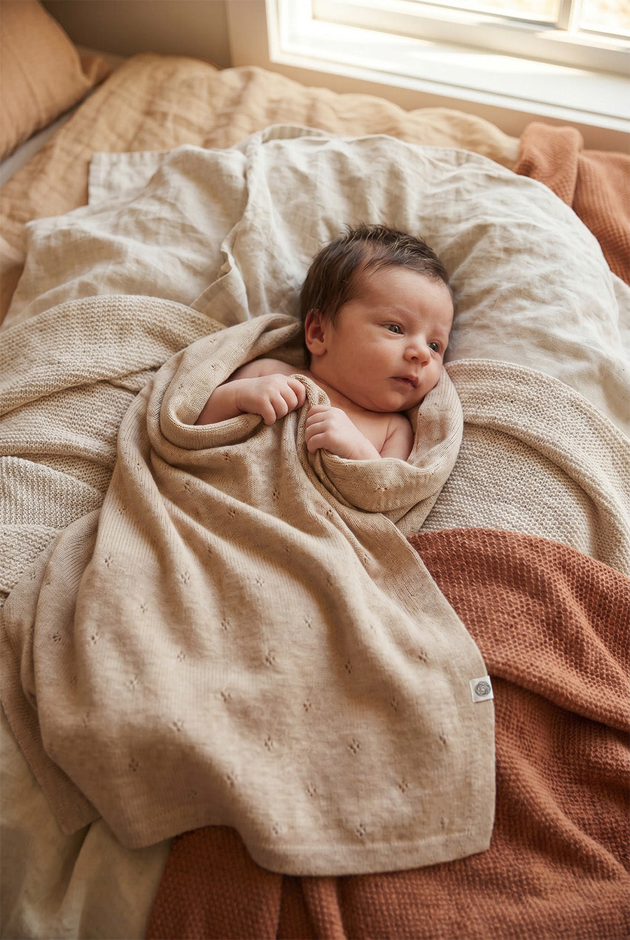 Woll-Babydecke / Kinderdecke / Wickeldecke - Pointelle Gestrickt - Merinowolle - Garlic