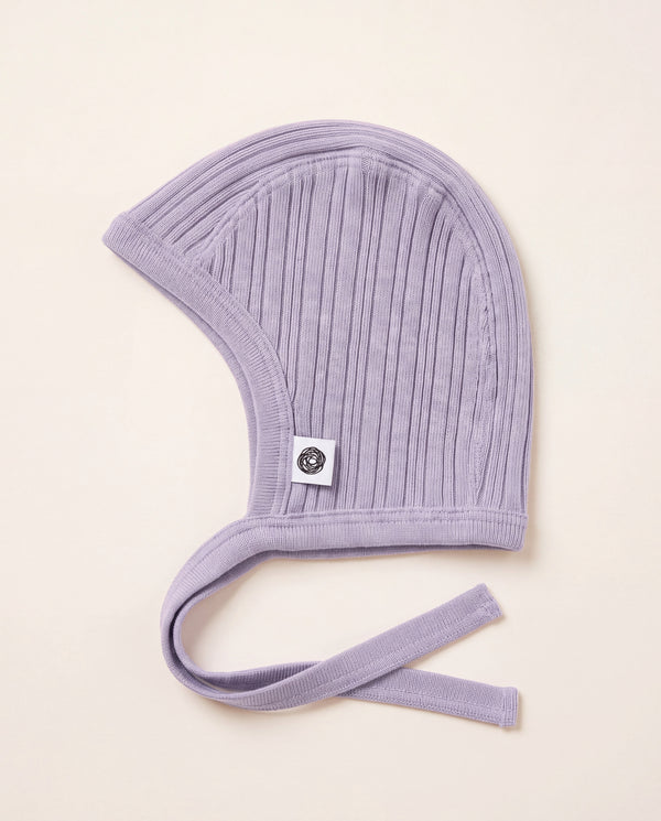 Woll-Mütze mit Schleife in Rippstrick - Merinowolle - Lavender Frost