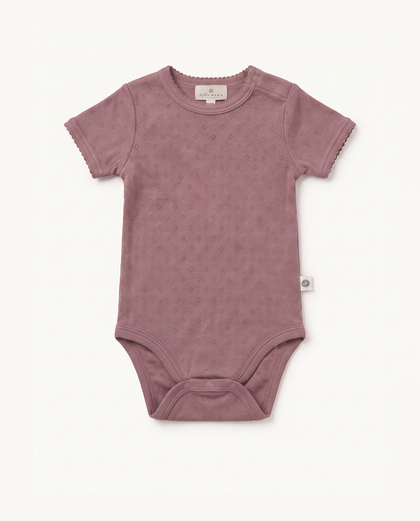 Woll-Strampler mit kurzen Ärmeln Pointelle – Merinowolle – Rose Brown