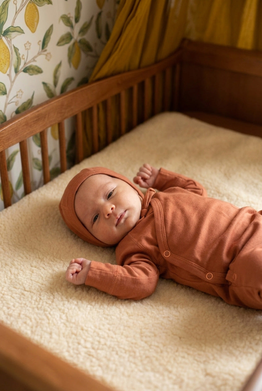 Baby-Strampler mit Füßen aus Merinowolle – Korallengold