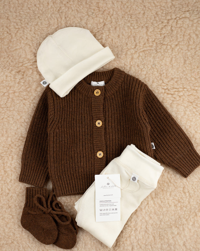 Gestrickter Woll-Baby-Cardigan – Merinowolle – Braun