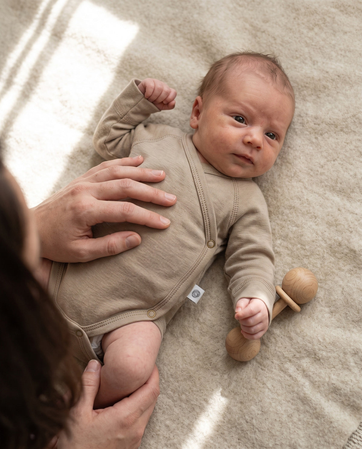 Wollener Wickelstrampler Langarm – Merinowolle - Oxford Tan