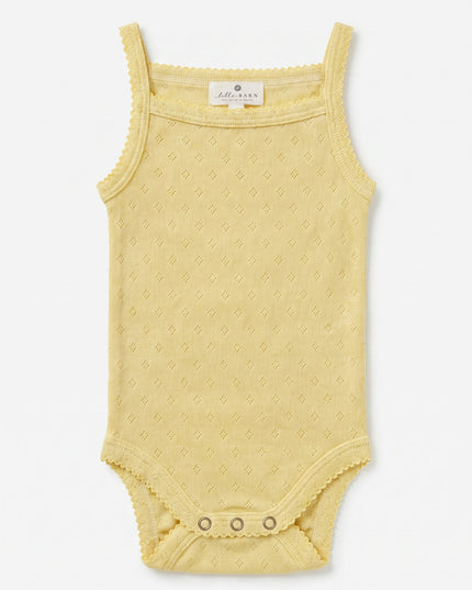 Woll-Strampler Pointelle mit Trägern - Merinowolle - Dusty Yellow