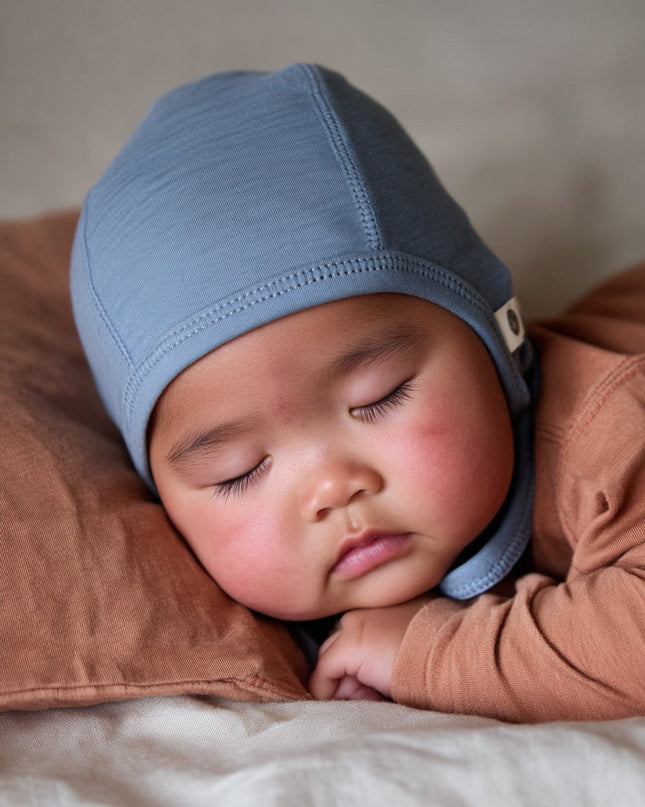 Baby Wollmütze mit Schleife – Merinowolle - Blue Fog