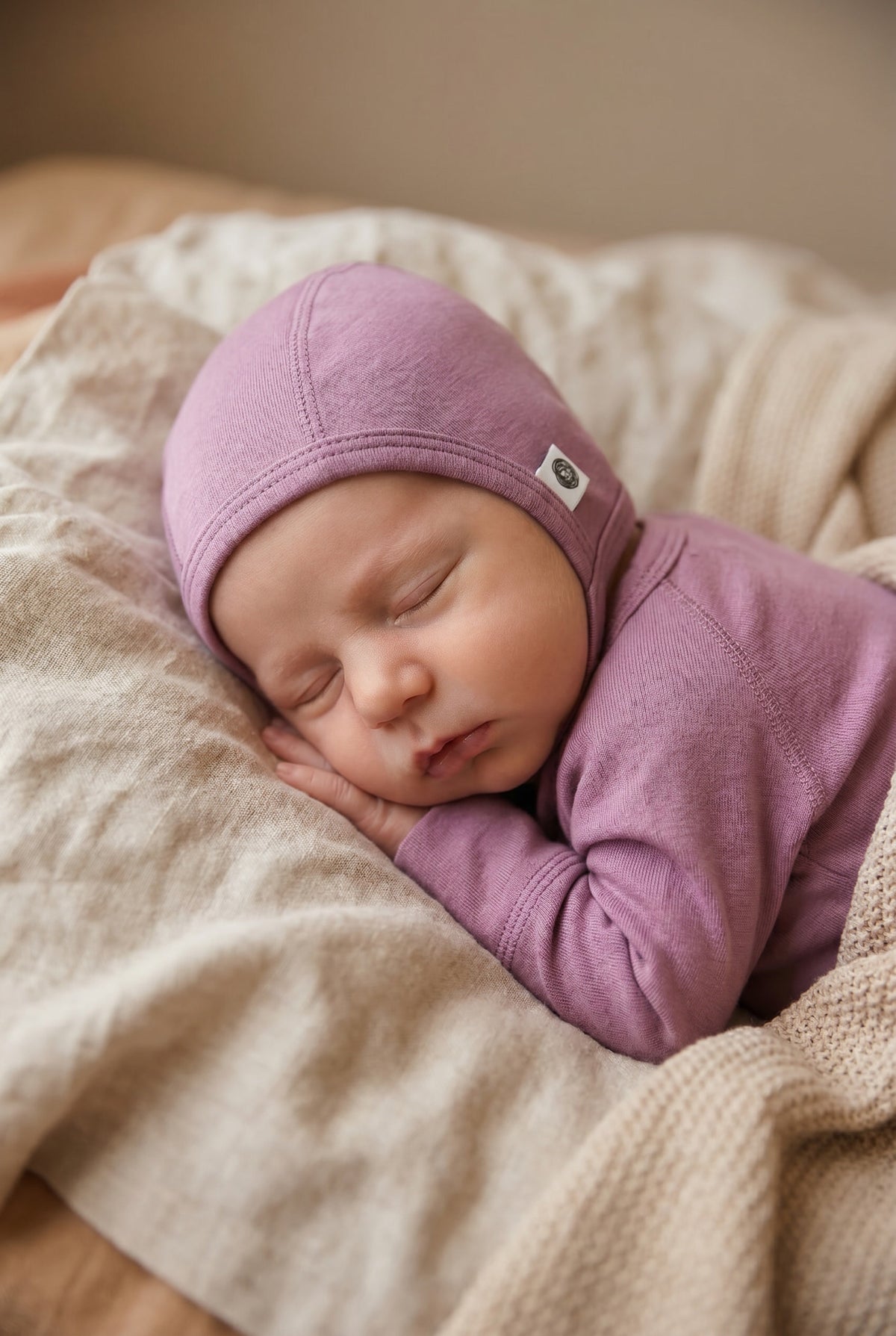 Baby Wollmütze mit Schleife – Merinowolle - Lavender Mist