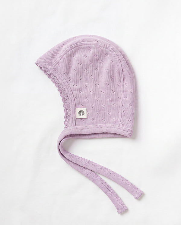 Woll-Mütze mit Schleife in Pointelle - Merinowolle - Lavender Frost