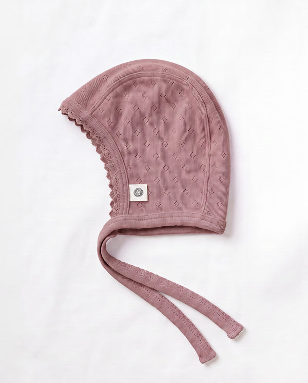 Woll-Mütze mit Schleife in Pointelle - Merinowolle - Rose Brown