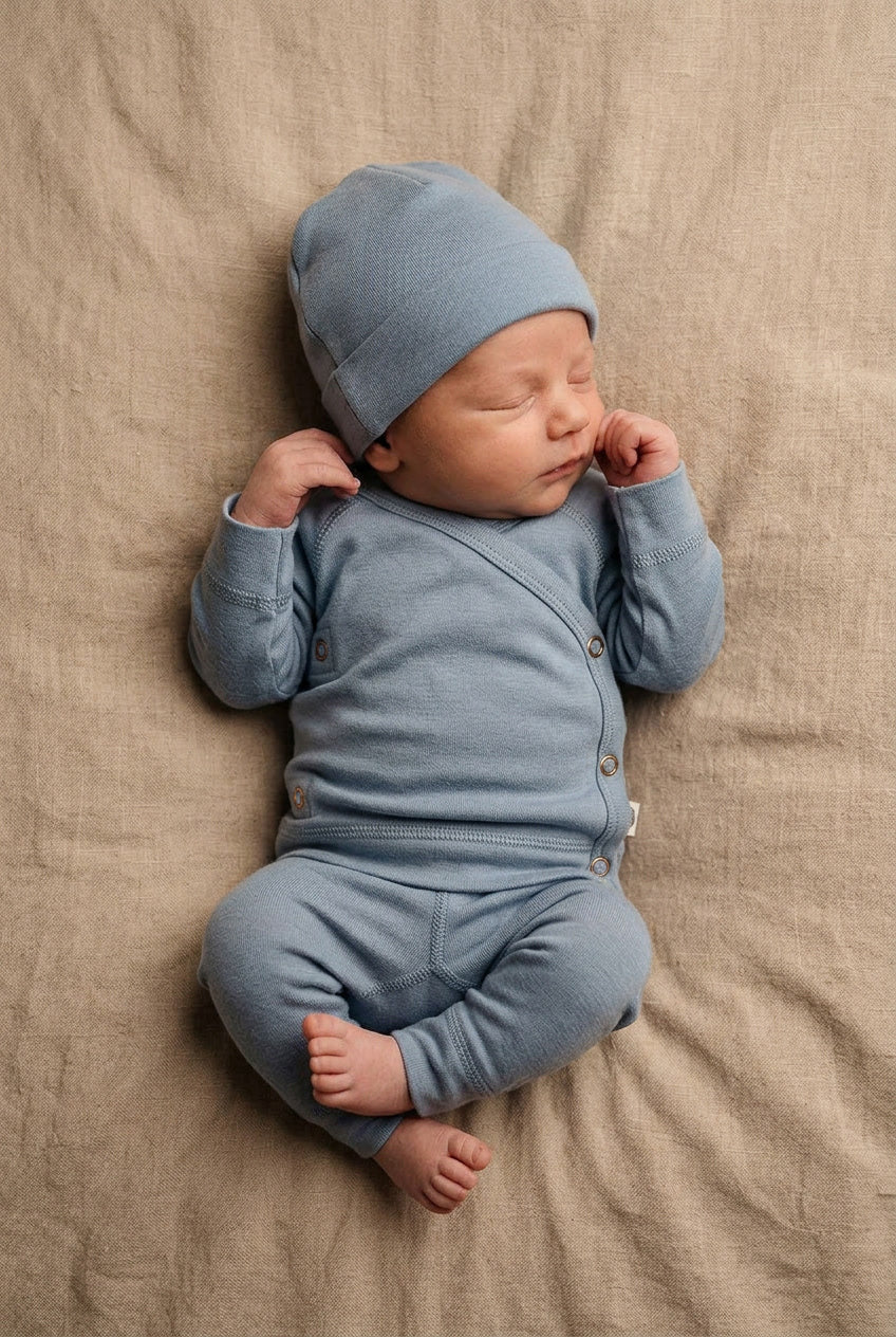 Baby Woll Wickelpullover – Merinowolle – Blue Fog